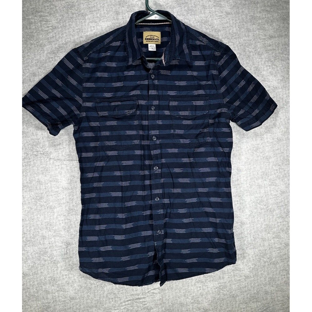 Roebuck & Co Button Up Shirt Mens Size S Navy Blue Striped Short Sleeve Collar